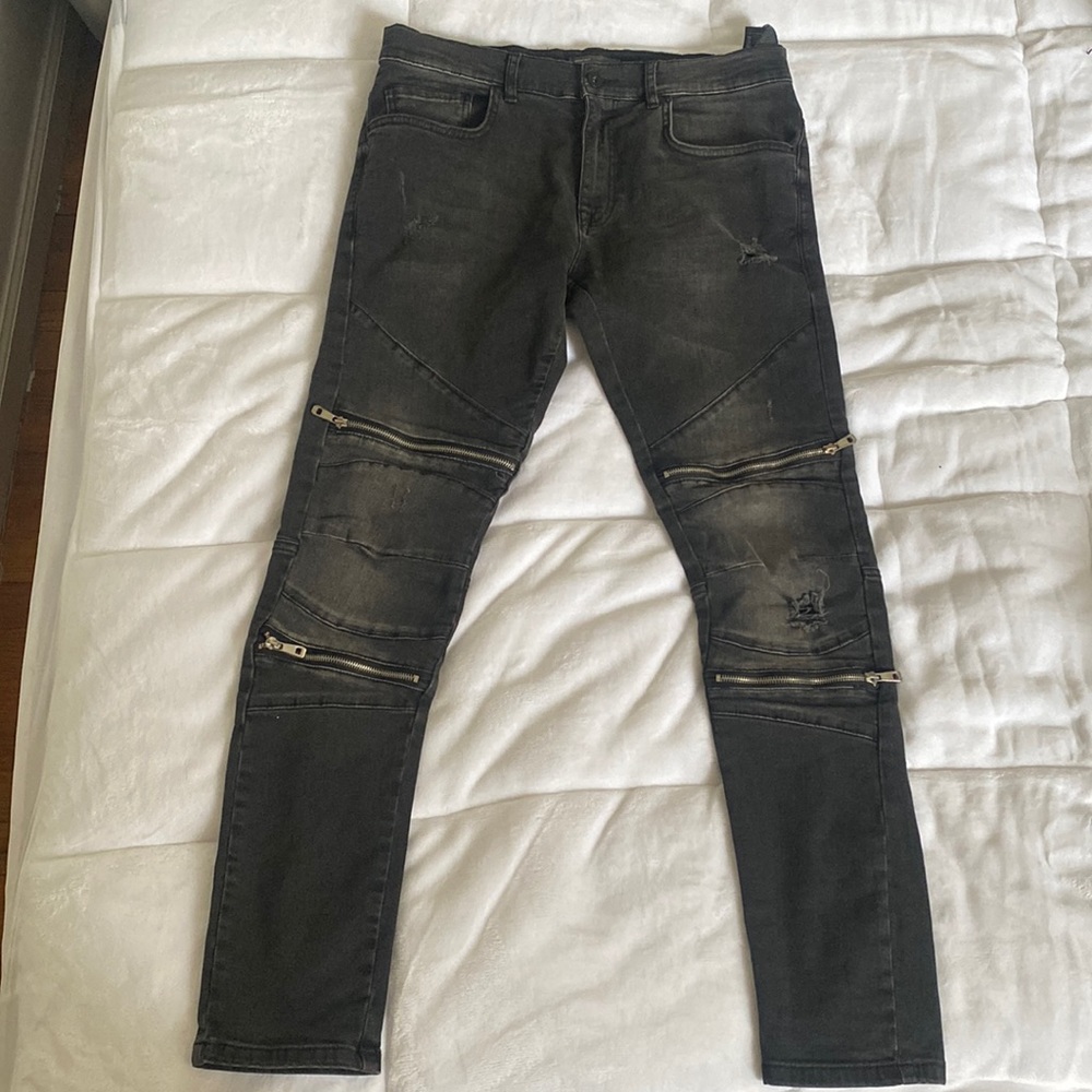 ZARA Man Zipper Moto Super Skinny Men's Stretch Jeans Black Wash Size 31
